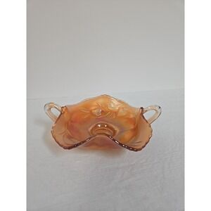 Vintage Fenton Marigold Carnival Glass Strawberry Vine Handled Bon Bon Dish